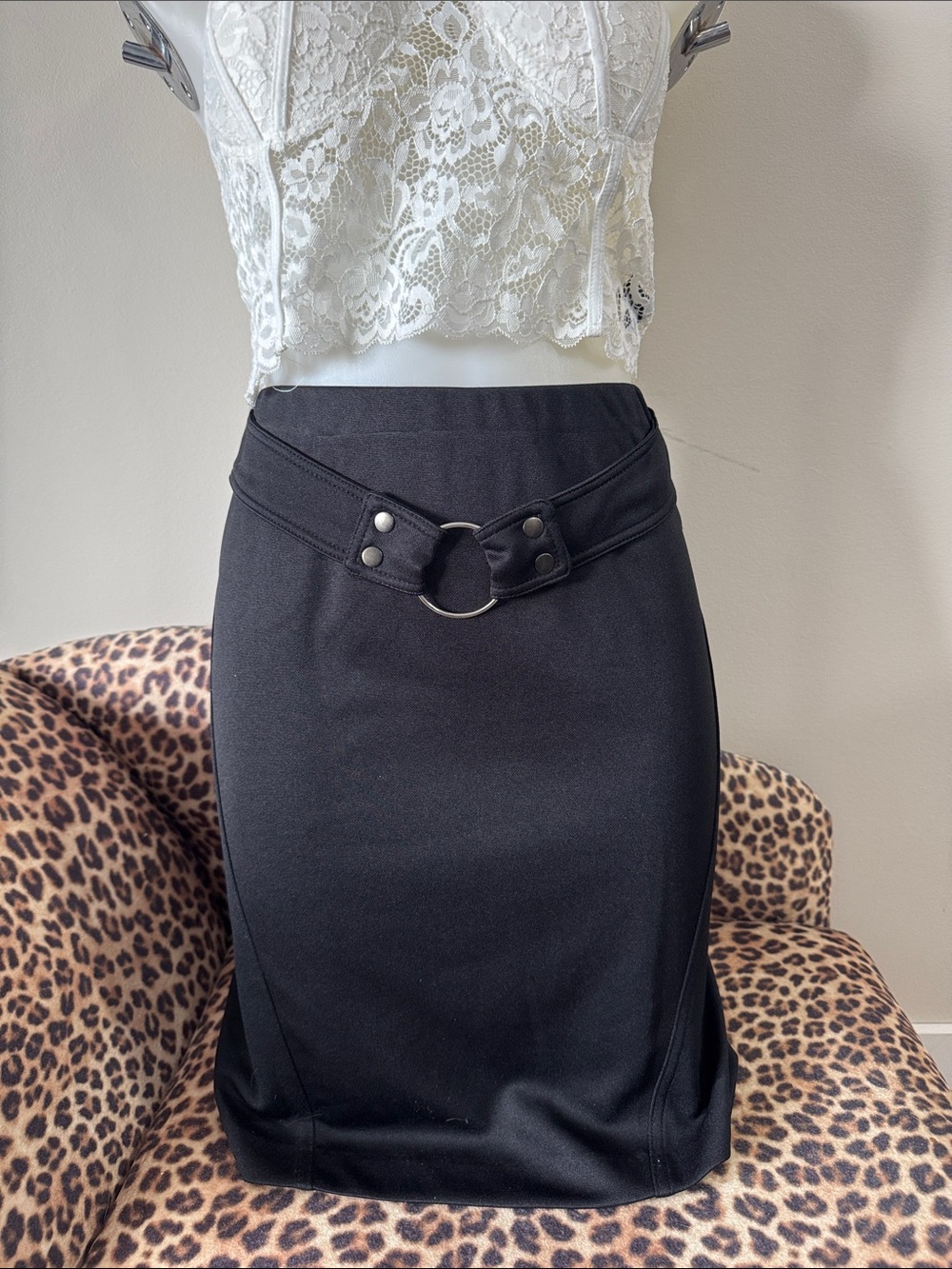 90s Vintage Black Pencil Skirt with Decorative Ring Detail